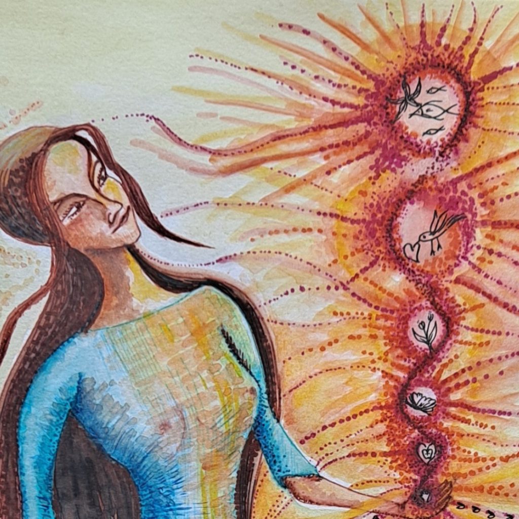 Contém nas mãos o poder de se ligar ao que floresce, à terra e à criação. Dança e desliza por essa luz!